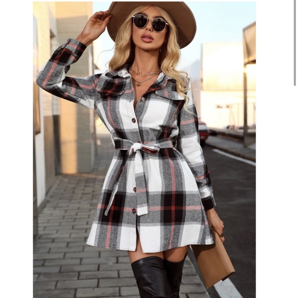 Plaid Long Sleeve Button Front Tie Belted Short Shirt Style Dress